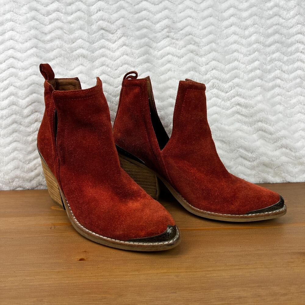 Jeffrey Campbell Cromwell Booties Womens Red Suede Leather Cut-out Metal Tip 5.5